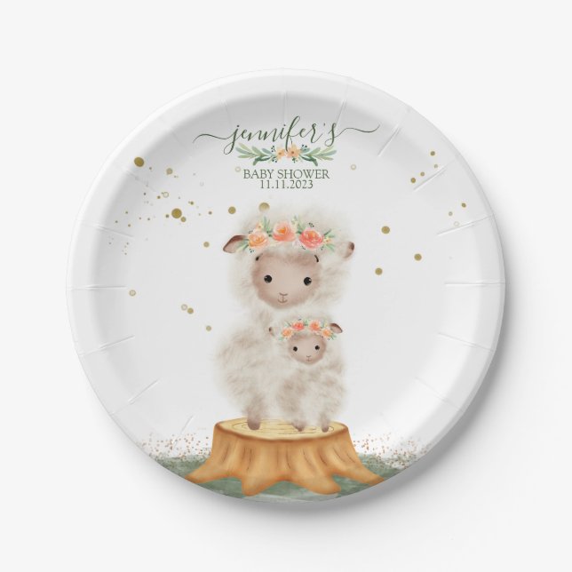 Wald-Baby-Dusch-Feierparty Schafe Pappteller (Vorderseite)