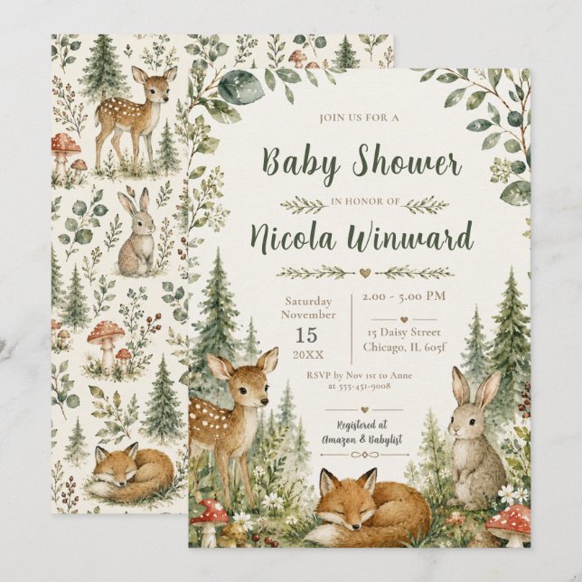 Wald-Babyshower Einladung (Vorne/Hinten)