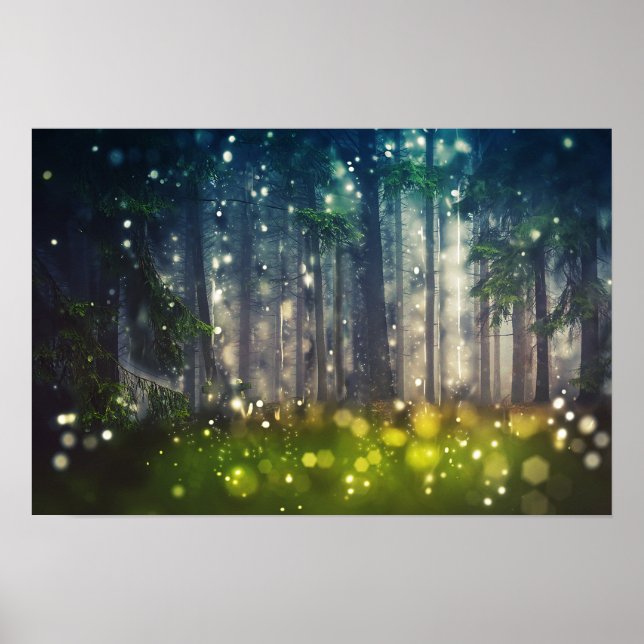 Wald, Bäume auf Waldlichtung, Dämmerung Poster (Vorne)