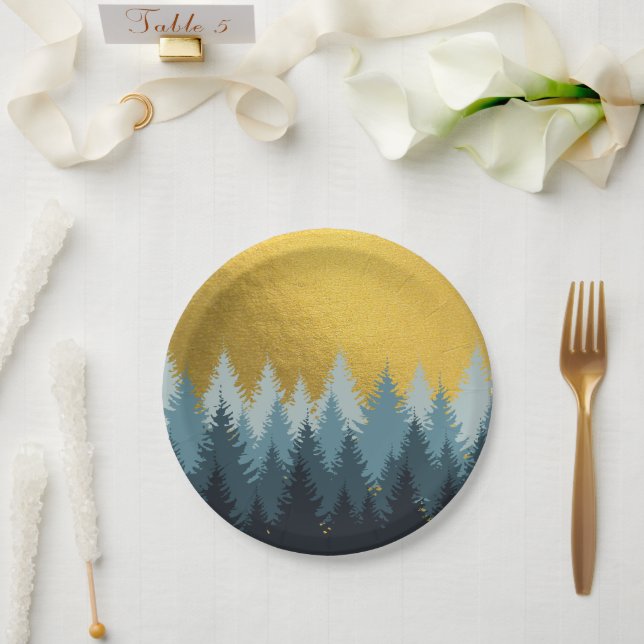 Wald Bäume Goldene Landschaft Pappteller (Hochzeit)