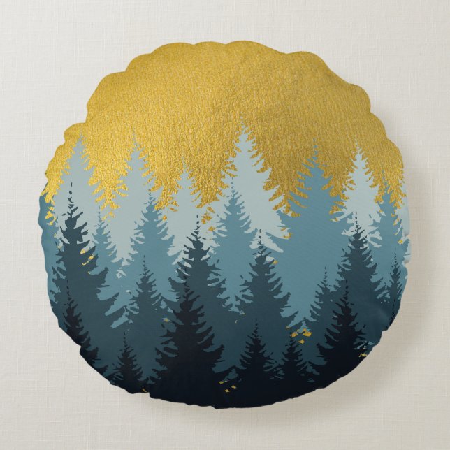 Wald Bäume Goldene Landschaft Rundes Kissen (Vorderseite)