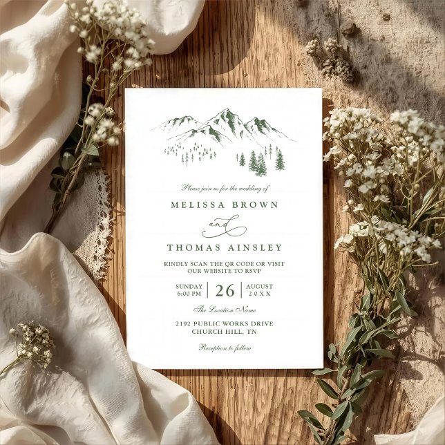 Wald Bäume Kiefern Rustikal QR Code Hochzeit Einladung (Von Creator hochgeladen)