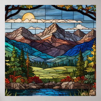 Wald-Bergszene im Stil von altem Buntglas Poster