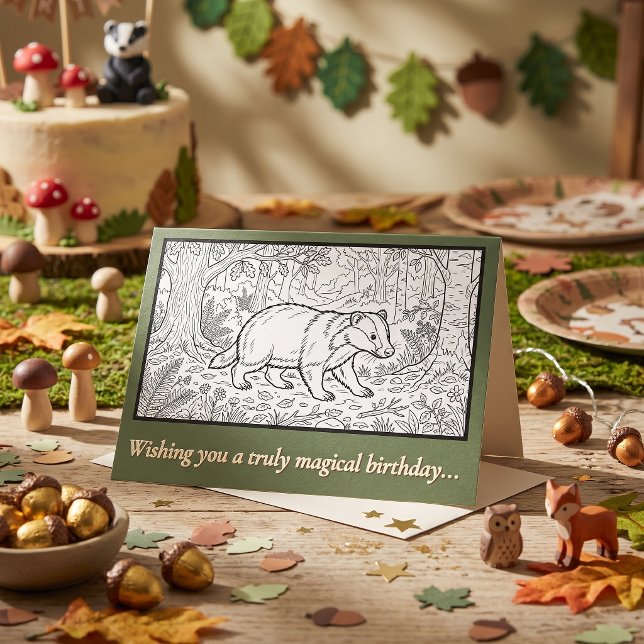 Wald-Dachs-Färbung Kinder-Geburtstag Karte (woodland badger kids happy birthday coloring in card for children parties. Forest cottagecore crafts)