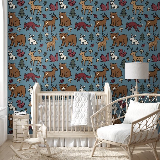 Wald Doodle Tiere Creme Tapete (Kinder)