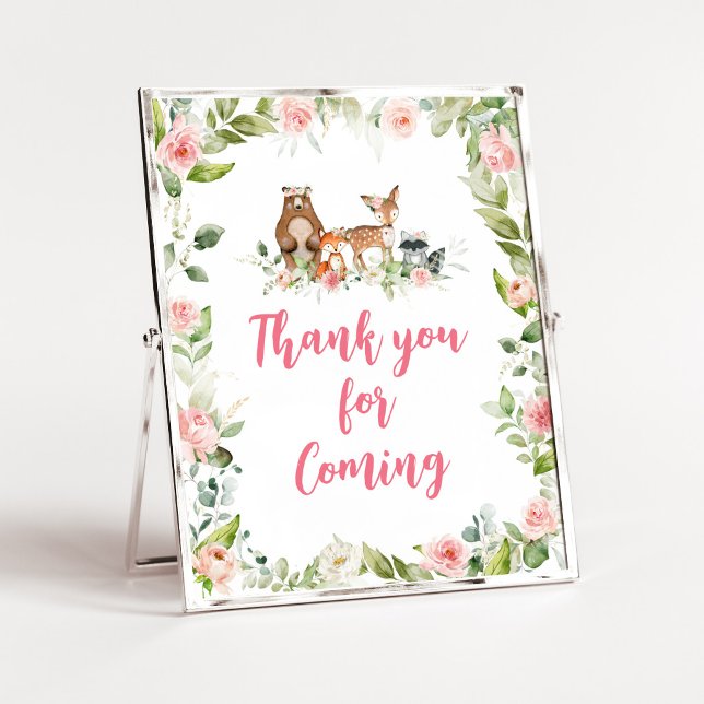 Wald-Dusch-Dankeschön-fürs-Kommen-Schild Poster (Girl Woodland Animals Baby Shower Thank you for Coming Sign)