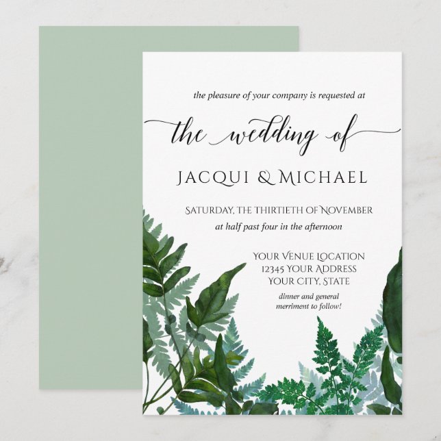 Wald erfasste Farn-Laub-Aquarell-Hochzeit Einladung (Vorne/Hinten)