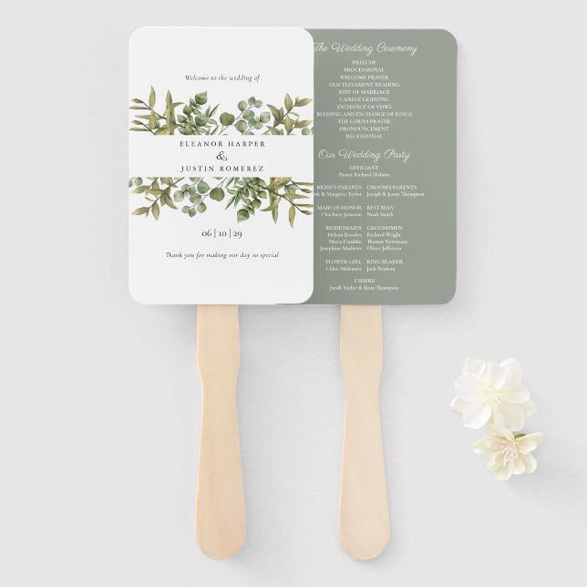 Wald-Eukalyptus-Grün-Hochzeitsprogramm Fächer (Vorne und Hinten)