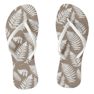 Wald-Farnmuster, Taupe-Beige und Weiß Flip Flops