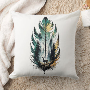 Wald Feder Hirsch Aquarell Natur Kunst Kissen