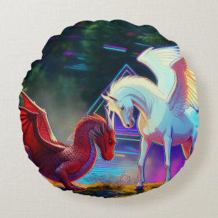 Wald Freunde - Junger Drache und Junger Pegasus Rundes Kissen