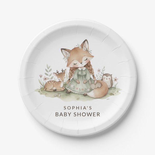 Wald-Fuchs-Mädchen-Baby-Party-Papierplatte Pappteller (Vorderseite)
