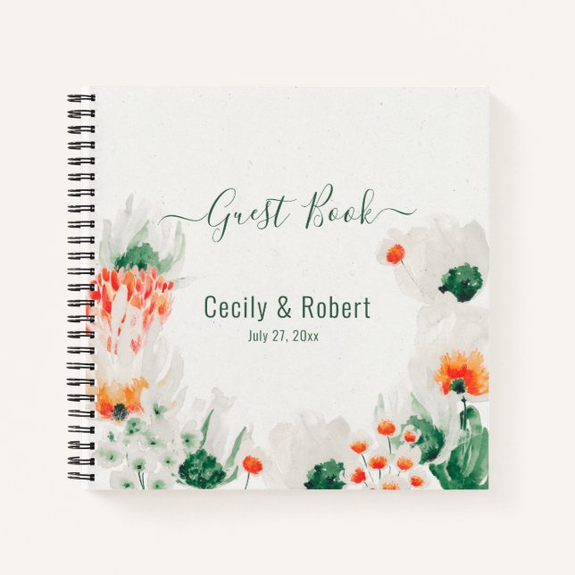 Wald Grün Rustikale Orange White Floral Gast Notizbuch (Vorderseite)