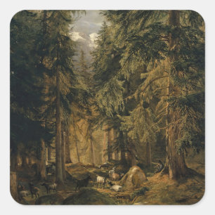 Wald in den Hochgebirgen mit Schleuse von Ziegen Quadratischer Aufkleber