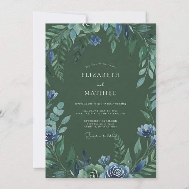 Wald Indigo Blätterhochzeit Einladung (Vorderseite)