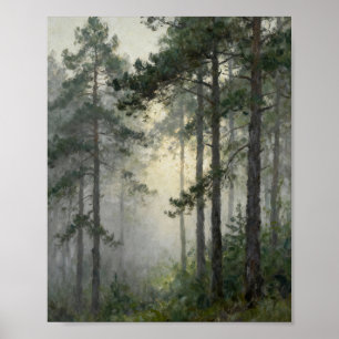 Wald, Kiefern, Dunst, Nebel, Landschaft, Ölmalerei Poster