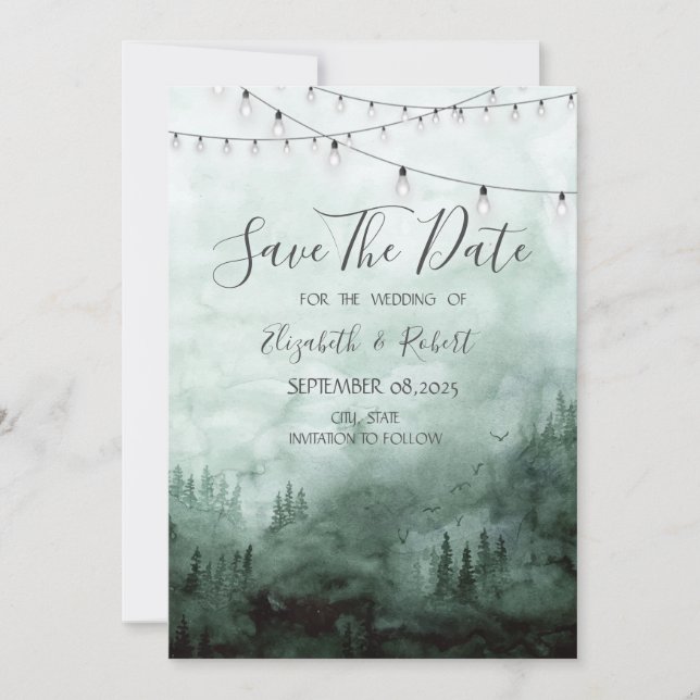Wald, Kiefernbäume, String Light Green Save the Da Date (Vorderseite)
