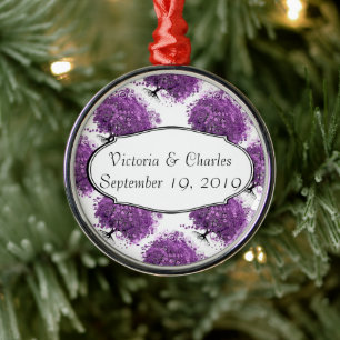 Wald-Lila-Herz-Blattbaum-Hochzeit Silbernes Ornament