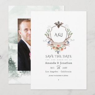 Wald-Lorbeer-Wappen-Monogramm-Hochzeitsfoto Save The Date