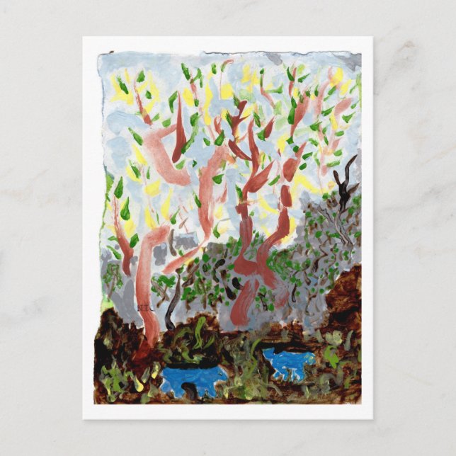 Wald mit blauen Bestien und Postkarte (Vorderseite)
