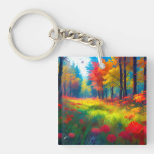 Wald mit farbenfrohen Bäumen und Blumen-47560 Schlüsselanhänger