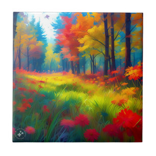 Wald mit farbenfrohen Bäumen und Blumen Fliese