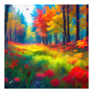 Wald mit farbenfrohen Bäumen und Blumen Fotodruck
