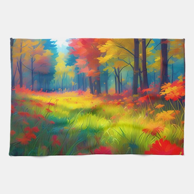 Wald mit farbenfrohen Bäumen und Blumen Geschirrtuch (Horizontal)