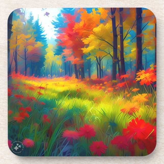 Wald mit farbenfrohen Bäumen und Blumen Getränkeuntersetzer (Vorderseite)