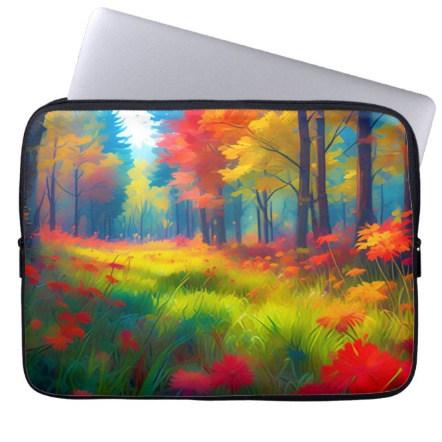 Wald mit farbenfrohen Bäumen und Blumen Laptopschutzhülle (Vorderseite)