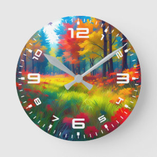 Wald mit farbenfrohen Bäumen und Blumen Runde Wanduhr