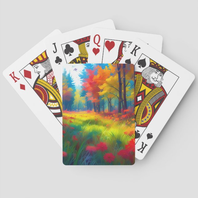 Wald mit farbenfrohen Bäumen und Blumen Spielkarten (Rückseite)