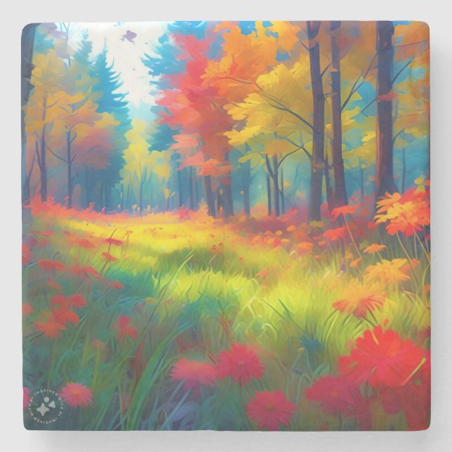Wald mit farbenfrohen Bäumen und Blumen Steinuntersetzer (Vorderseite)