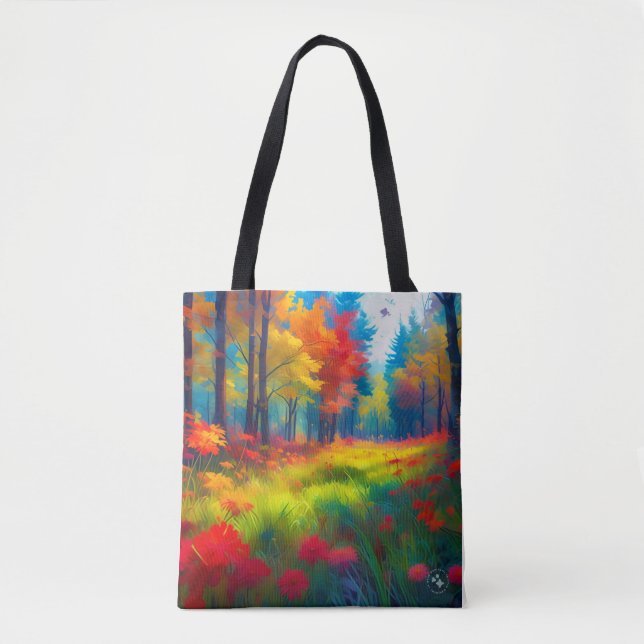Wald mit farbenfrohen Bäumen und Blumen Tasche (Vorderseite)