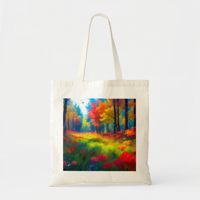 Wald mit farbenfrohen Bäumen und Blumen Tragetasche (Vorne)