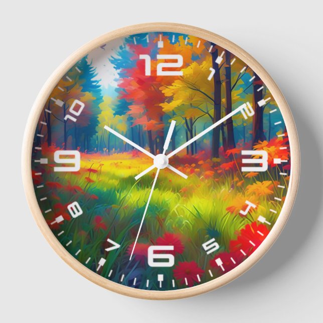 Wald mit farbenfrohen Bäumen und Blumen Uhr (Vorderseite)