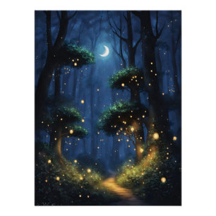 Wald mit glänzenden Lichtern und Mondmond Poster