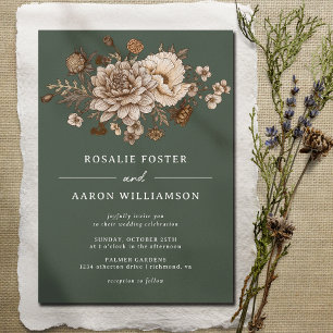 Wald-Moos-Grün und neutrale Blumen Boho-Hochzeit Einladung