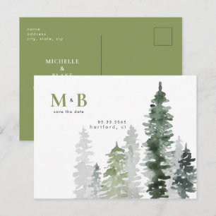 Wald-Moosgrün-Monogramm Save-the-Date Postkarte