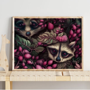 Wald Raccoon Pink Berries   Raccoon Wall Print Poster