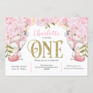 Wald, Rosa Floral, Fox, Mädchen, 1. Geburtstag Einladung