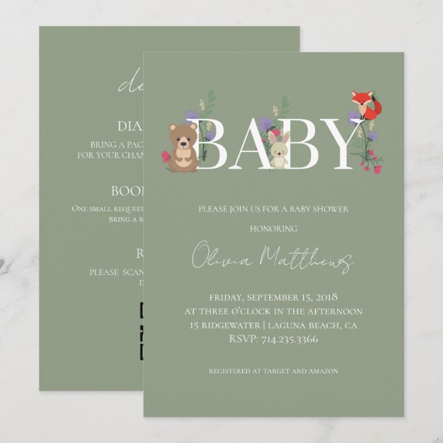 Wald-Sage-Grün-Baby-Shower-QR-Code Einladung (Vorne/Hinten)