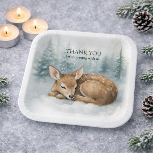 Wald schlafendes Baby Reh Winter Baby Shower Pappteller