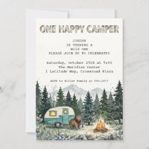 Wald-Teal-Vintage-Camping-Erstgeburtstag Einladung