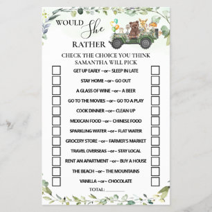 Wald-Themenparty - "Würdest du eher"-Baby-Shower-S Flyer