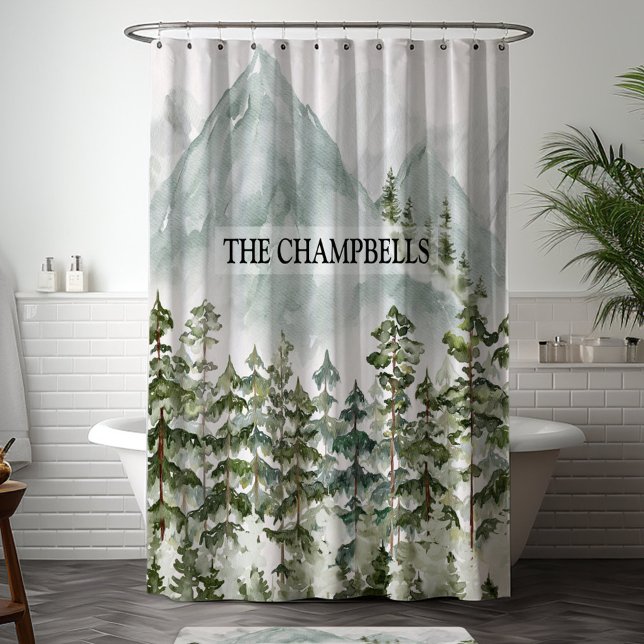 Wald und Gebirgslandschaft Wasserfarbe Duschvorhang (In situ bathroom)