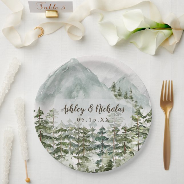 Wald und Gebirgslandschaft Wasserfarbe Pappteller (Hochzeit)