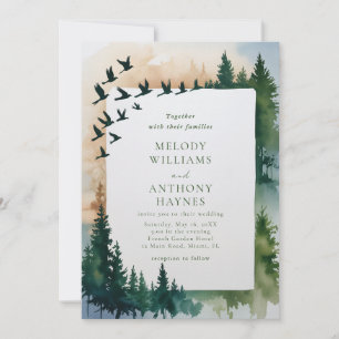 Wald- und Vögel fliegende Aquarell-Natur-Hochzeit Einladung