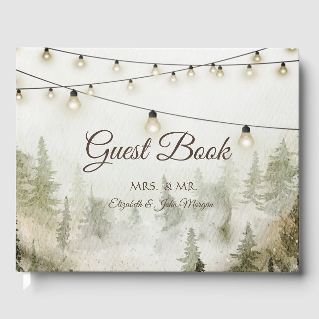 Wald, Wald, Pinienbäume, Streichellichter Hochzeit Gästebuch (Vorderseite)