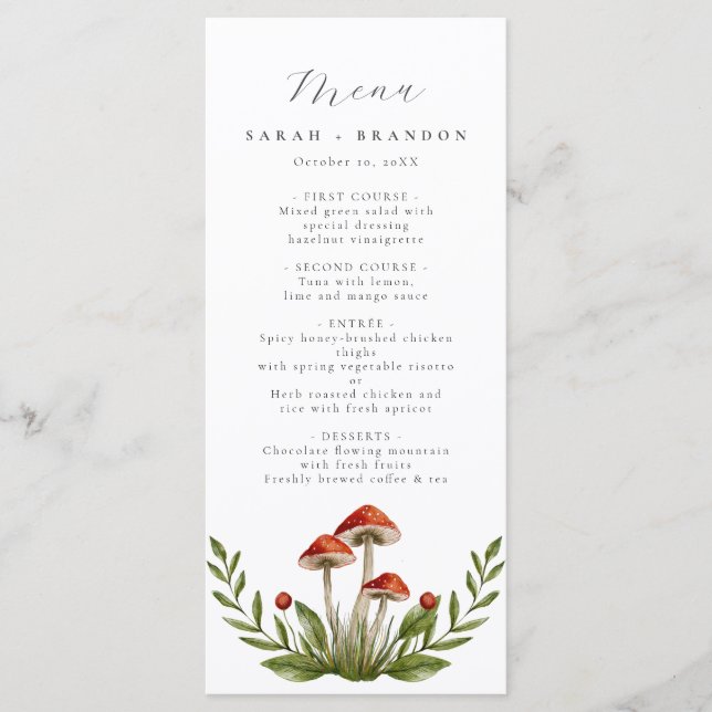 Wald Wasserfarbenpilz Hochzeit Menükarte (Vorderseite)